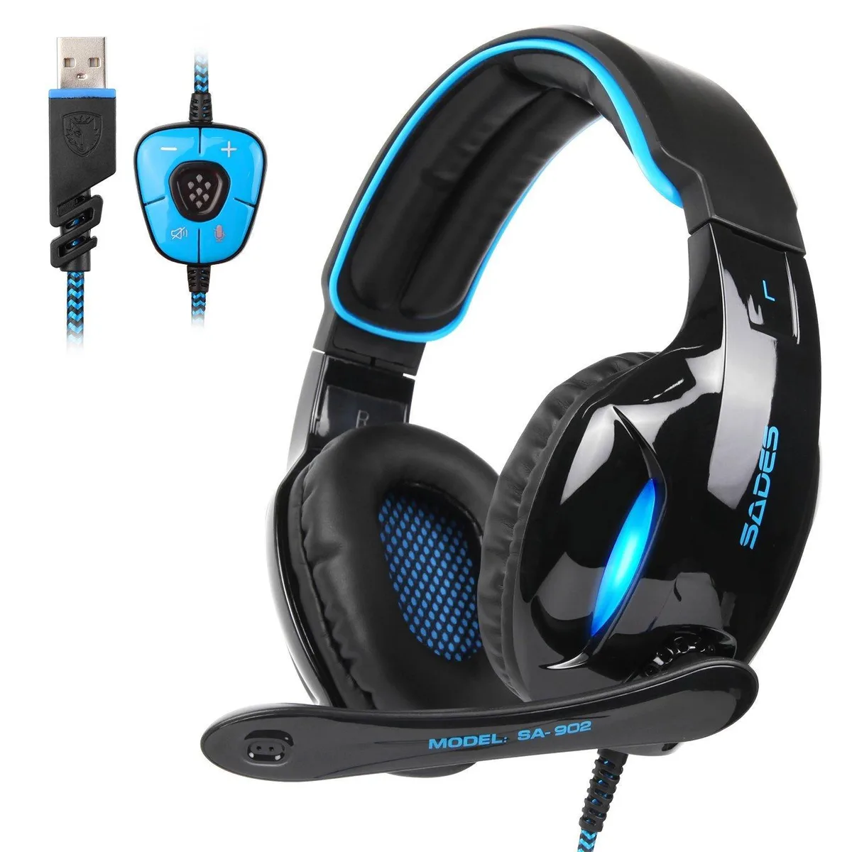 SADES SA902 7 Over-Ear Gaming Headphone USB 7.1 Surround LED Microphone Black 40mm 32ohm 112dB 200g — product photo