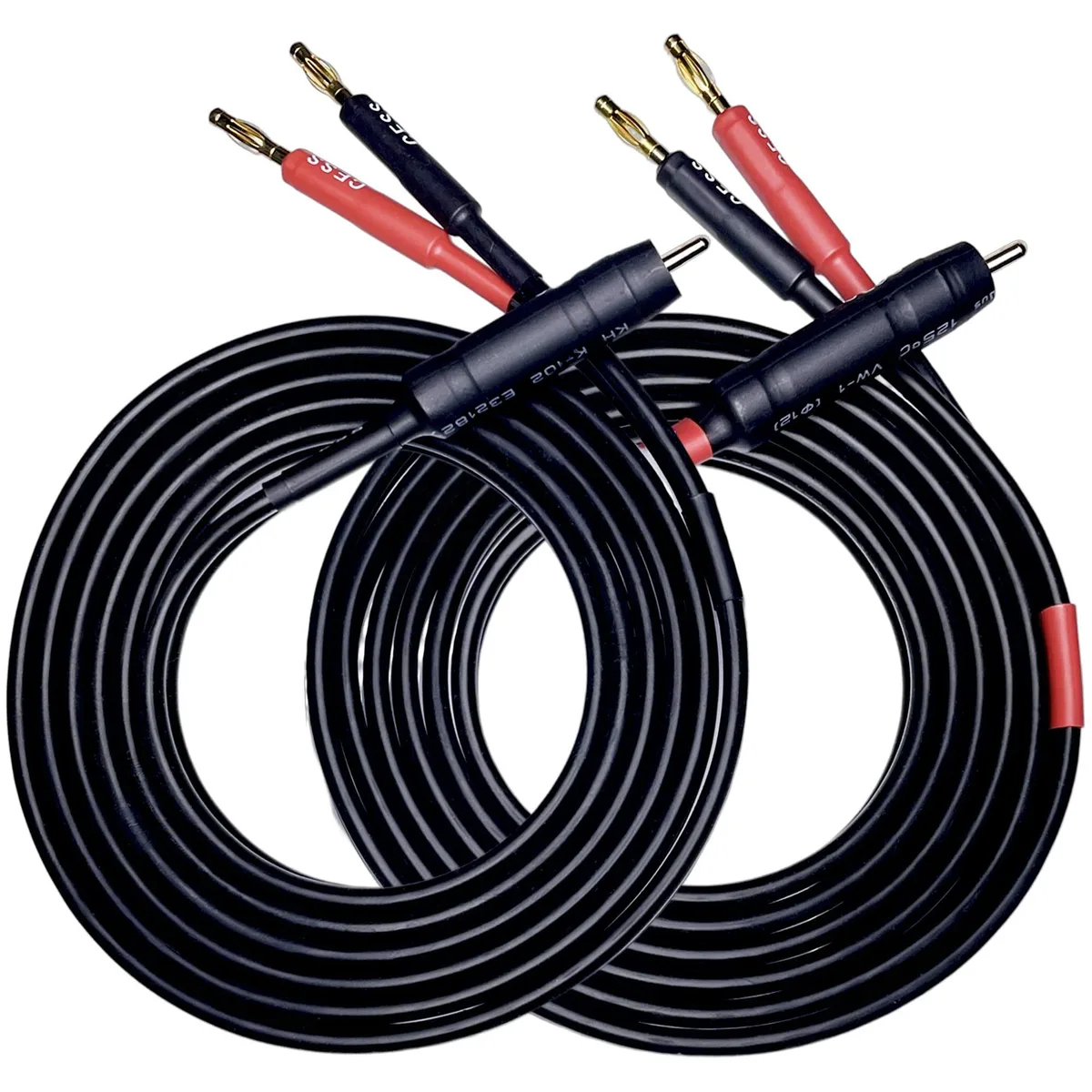 Pair of banana-to-RCA speaker cables, soft silicone jacket, gold-plated RCA plugs