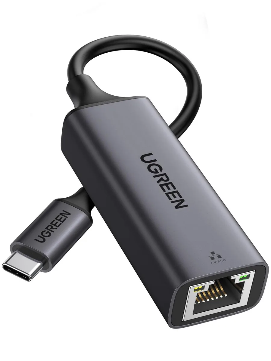 Grey USB-C to Ethernet adapter with RJ45 port and short cable