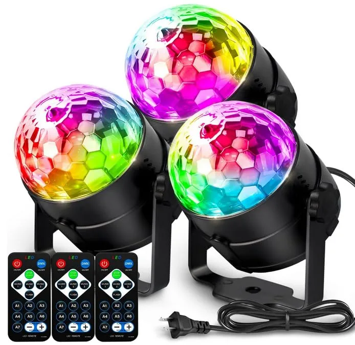 Three disco ball string lights with blue wire and red LEDs, remote control included