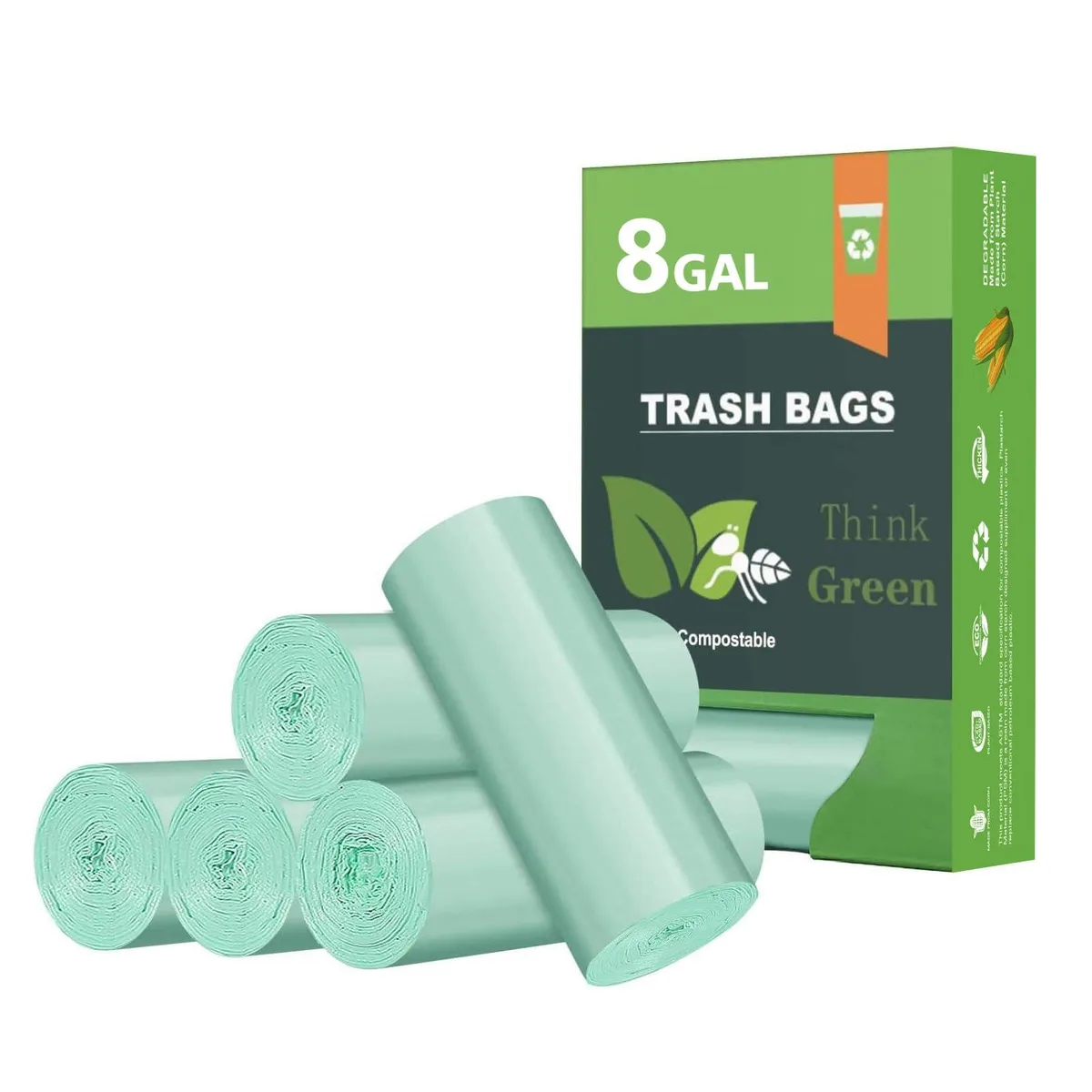 Green biodegradable trash bags in a cardboard dispenser box, 80 count roll
