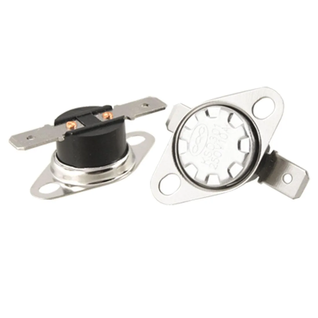 Five small rectangular thermostat switches with two flat terminals each, silver metal bodies and black plastic bases
