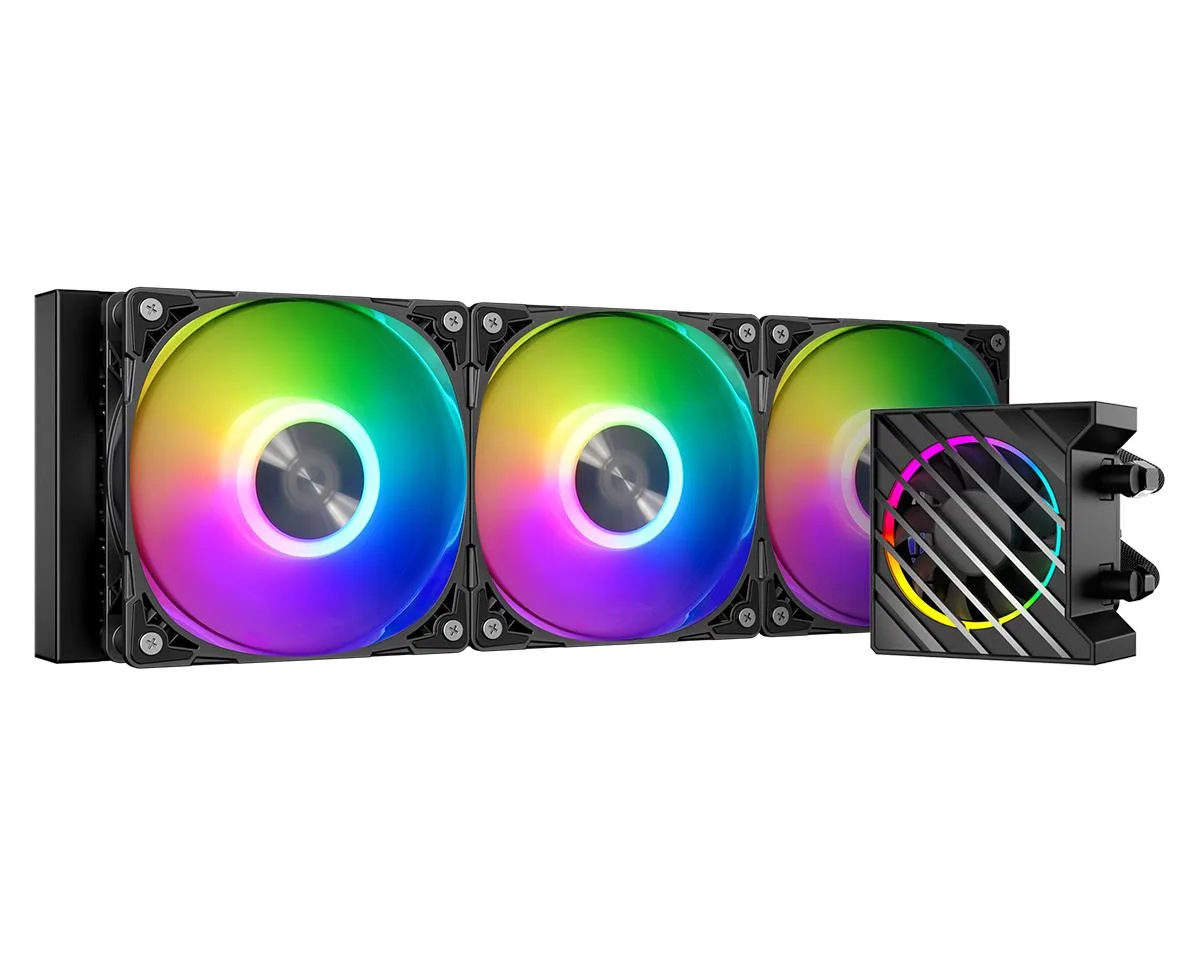 Black 360 mm AIO liquid cooler with three 120 mm ARGB fans and copper cold plate