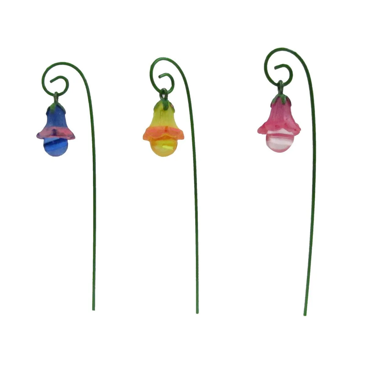 Three miniature glow-in-the-dark flowers on stakes, pink yellow blue