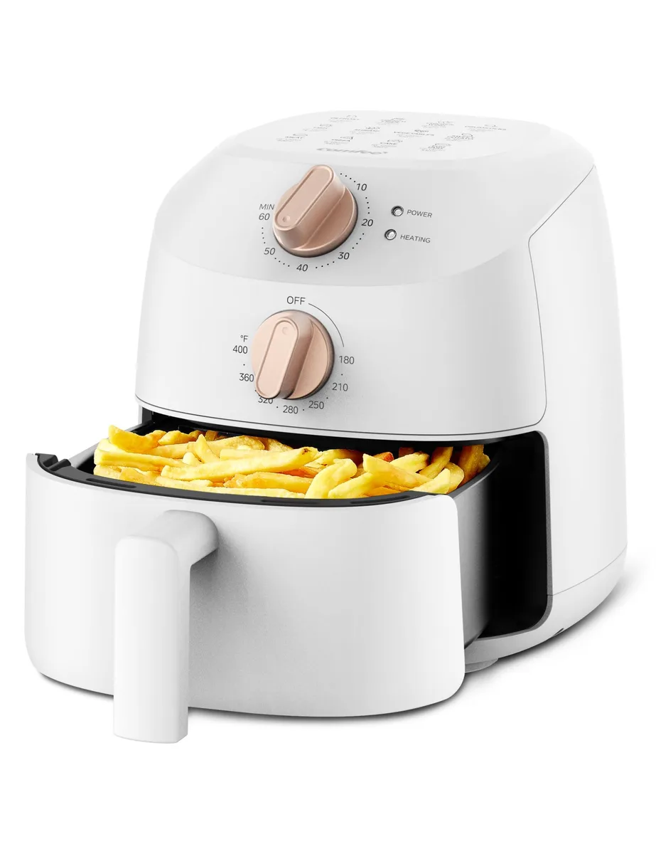 White compact air fryer, rounded cube shape, matte finish, pull-out basket visible