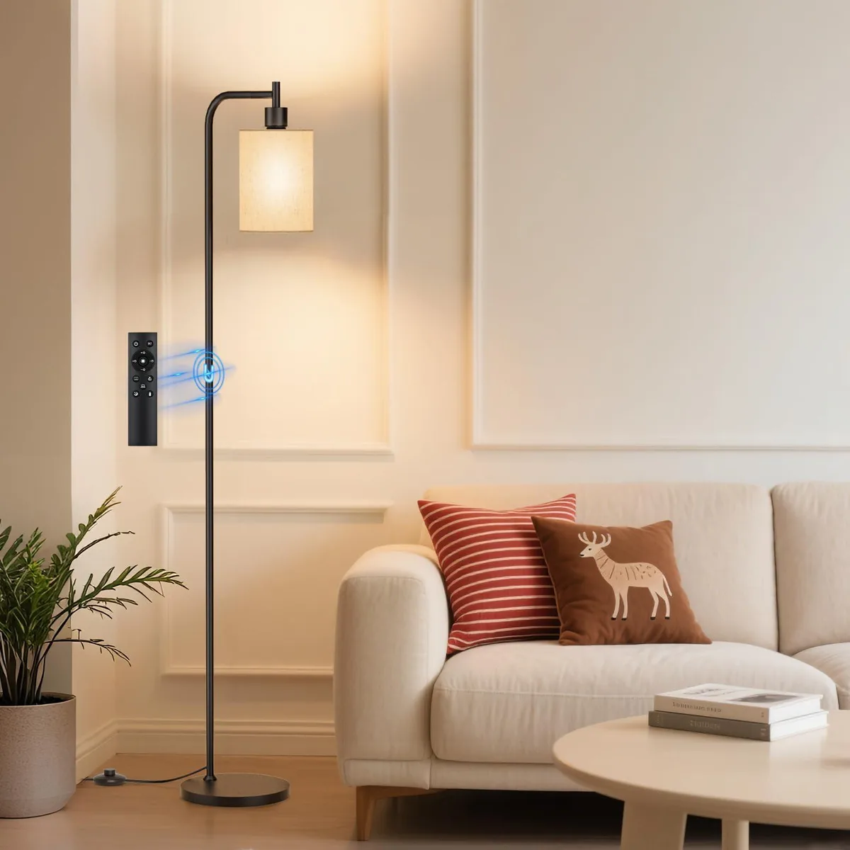 Tall matte metal floor lamp with white linen fabric shade