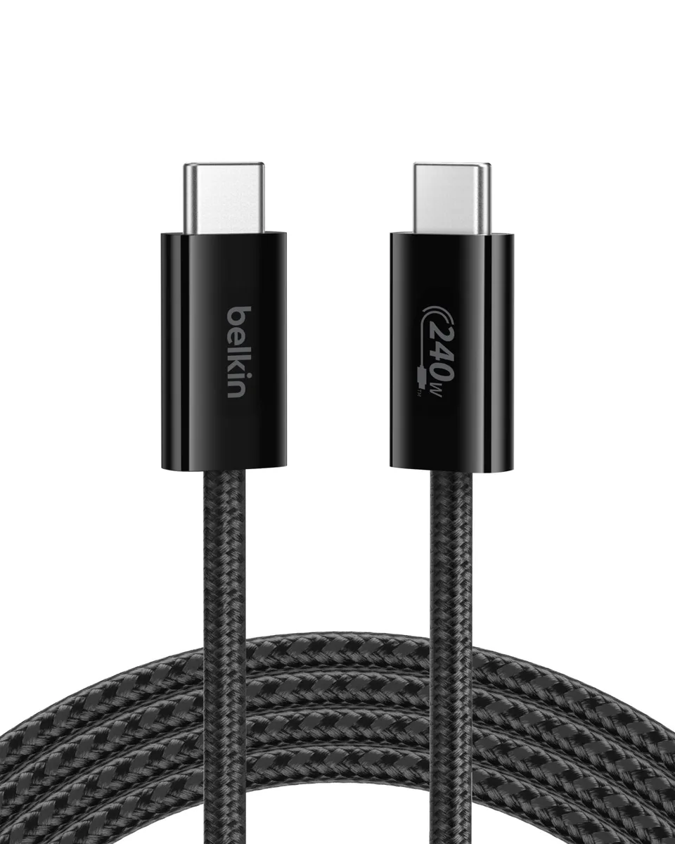 Orange braided USB-C cable, 6.6 ft long, 240W rating