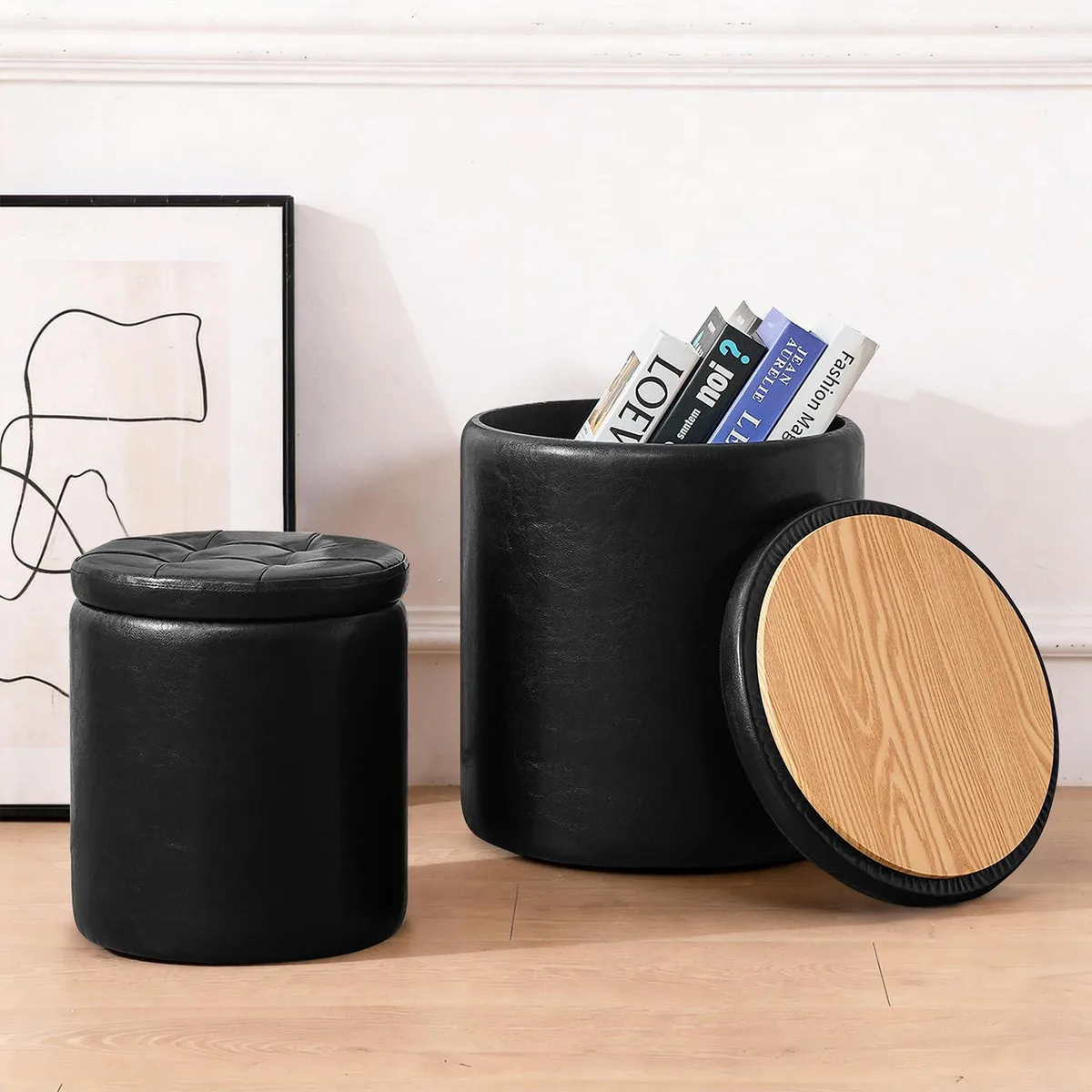  oakvivo Round Ottoman Set of 2, 12.6" &amp; 14.76" Wide, Black — product photo