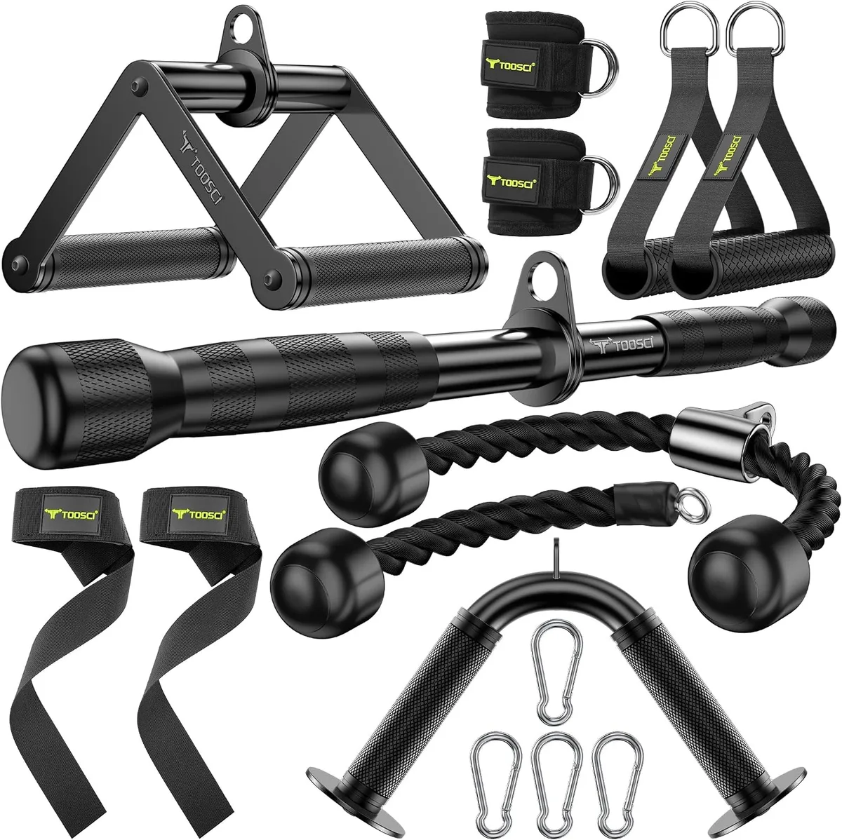 A complete cable attachment set laid out showing V-shaped bar, rotating straight bar, rotating V handle, nylon tricep rope