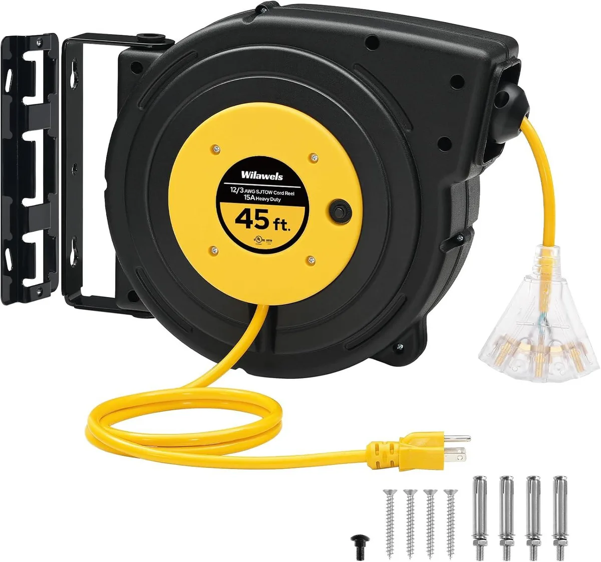 WUQ WUQ Retractable Extension Cord Reel 45ft 12AWG 15A Yellow — product photo
