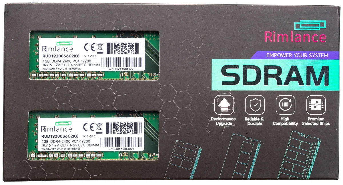 RIMLANCE RIMLANCE RUD19200S6C2K8 8GB (2x4GB) DDR4 2400MHz CL17 UDIMM 1.2V — product photo