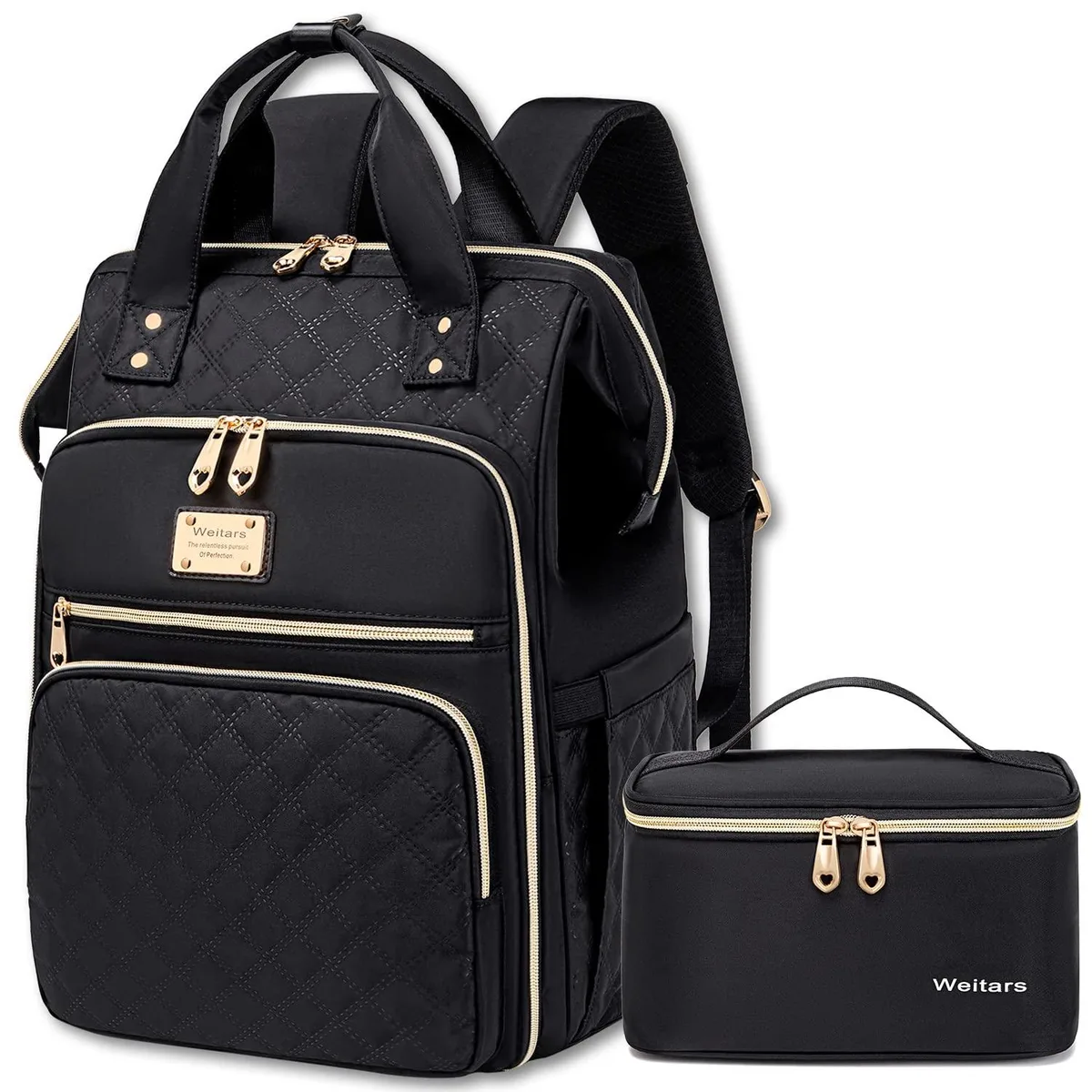 Black cotton laptop backpack with insulated lunch compartment, 15.6 inch fit, multiple pockets