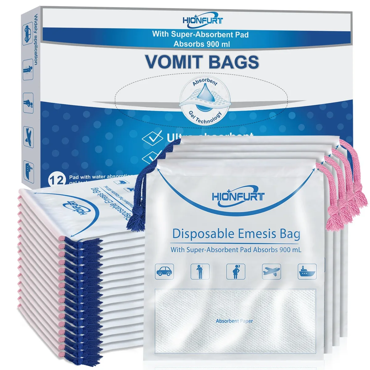 Twelve blue disposable emesis bags in a pack
