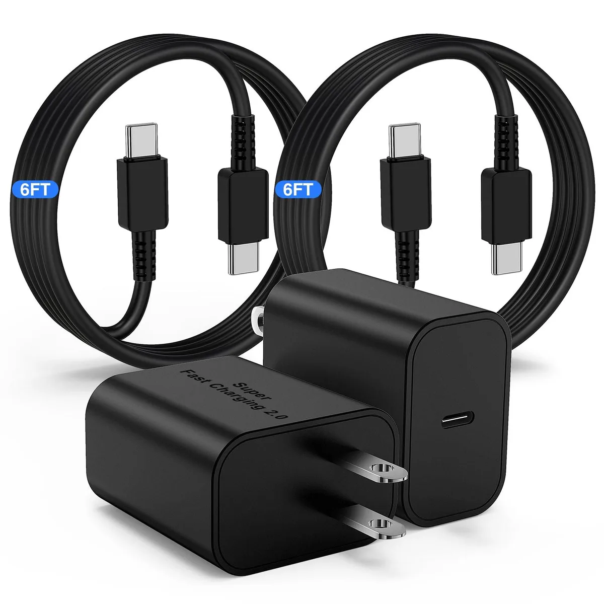 Two compact white USB-C chargers with two 6ft USB-C to USB-C cables
