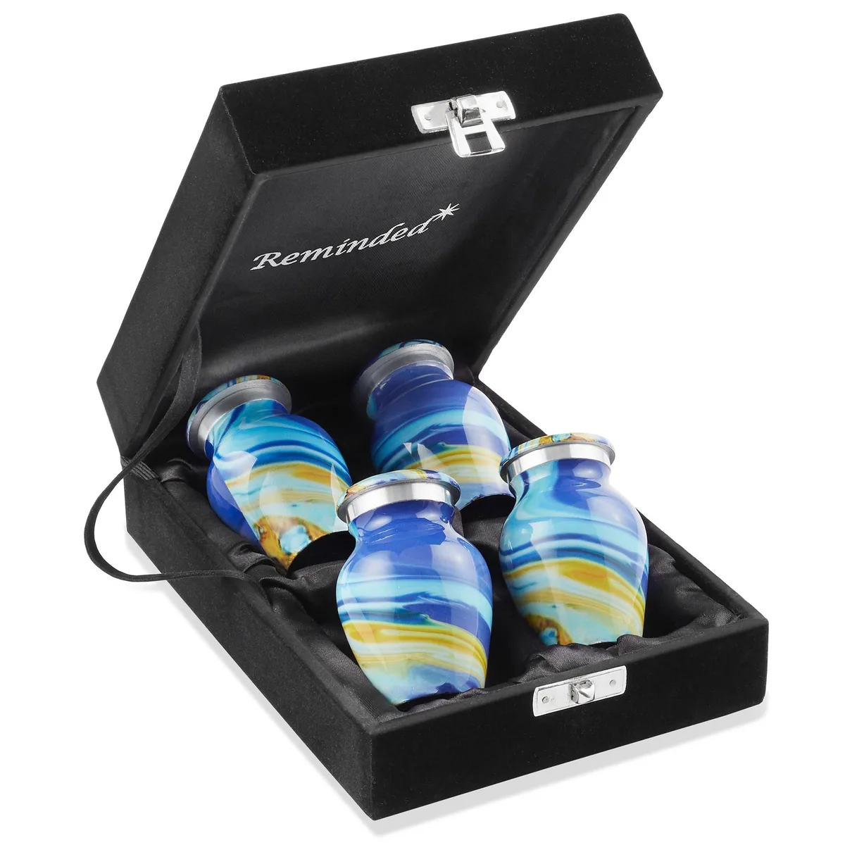 Reminded Reminded Small Keepsake Cremation Urns, Set of 4 Blue Swirl, Velvet Case &amp; Bags — product photo