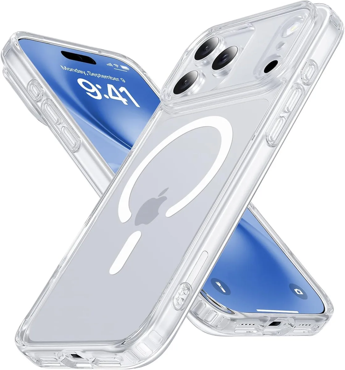 Clear magnetic case for iPhone 17 Pro Max with raised camera and screen lips