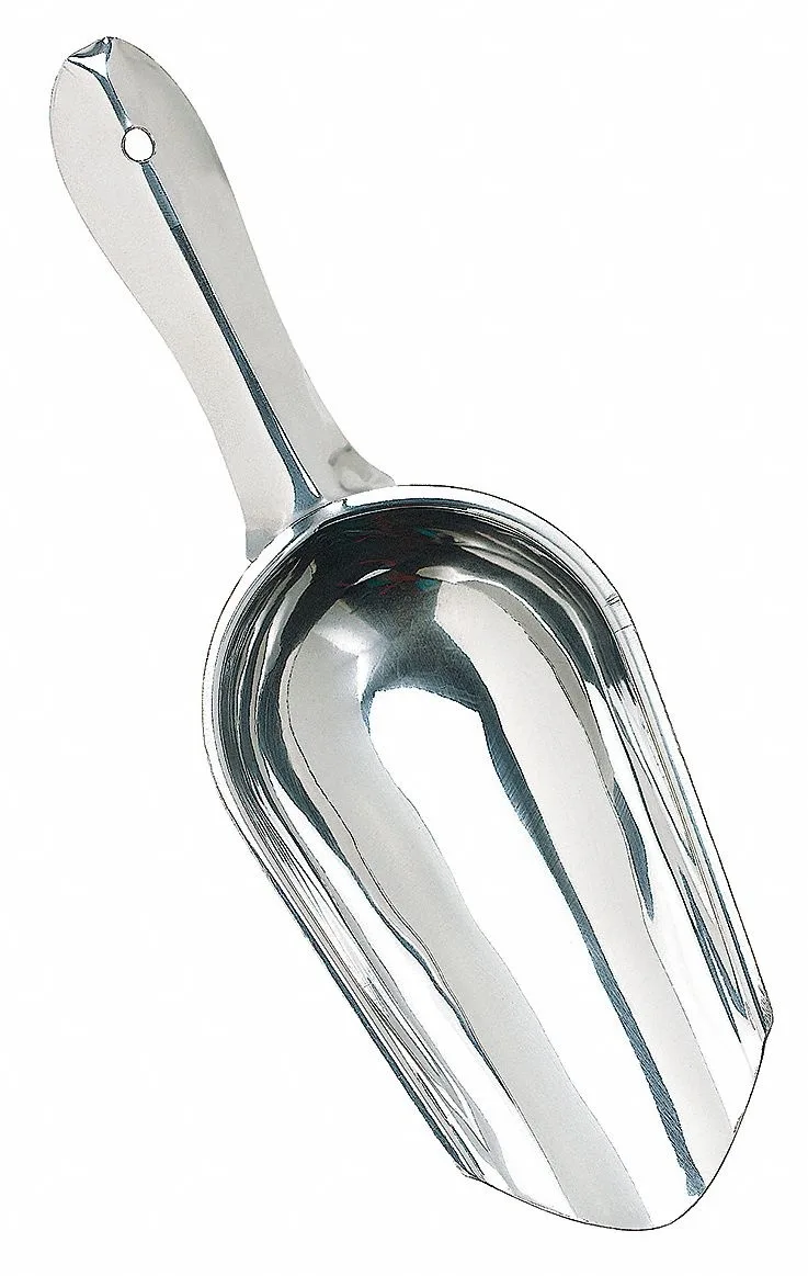 Stainless steel ice scoop with 12 oz capacity, silver finish