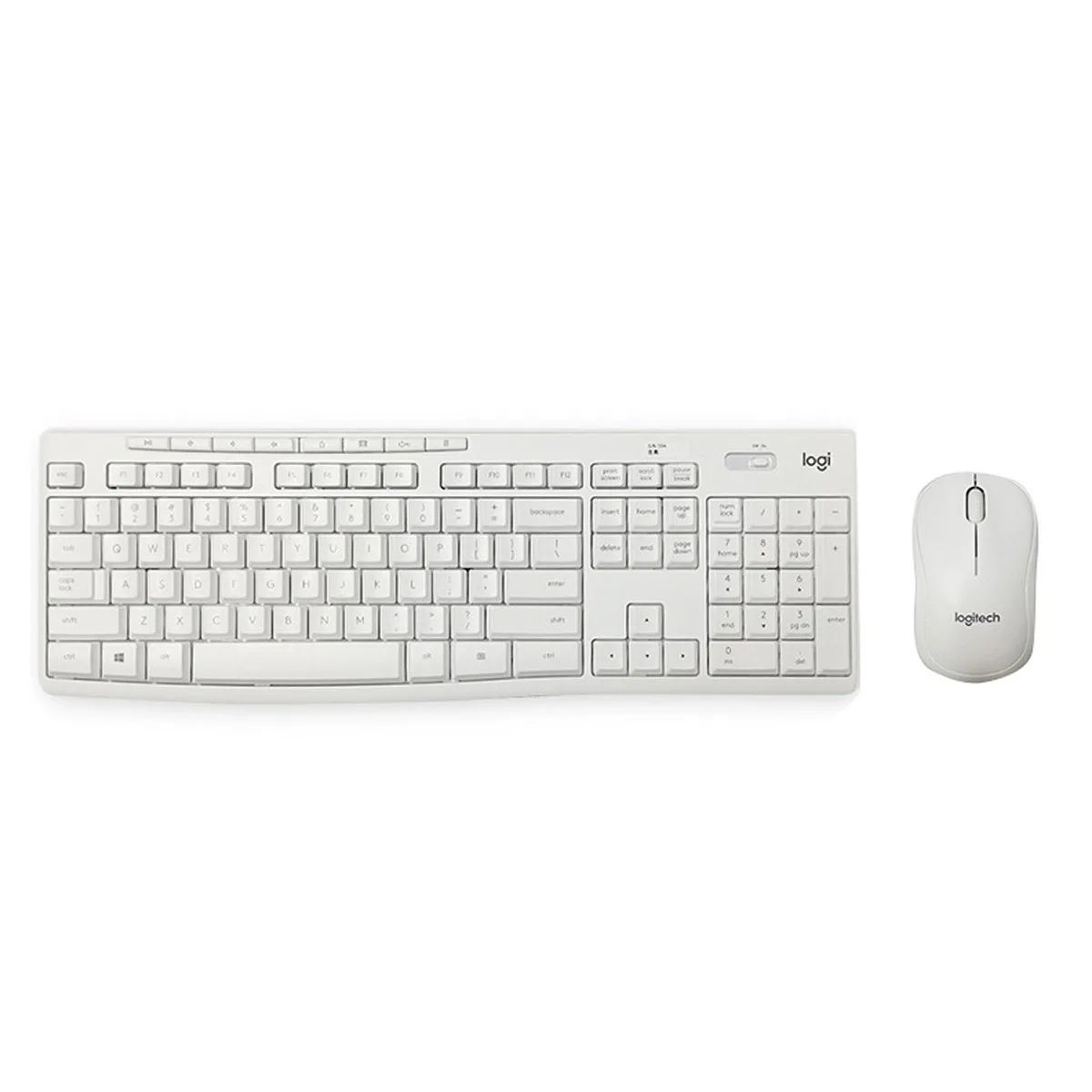 White full-size wireless keyboard and matching mouse set with USB receiver