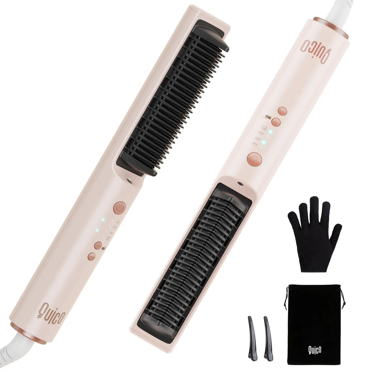 Pink electric hair straightener brush with comb teeth, cylindrical handle, 10.75 inches long