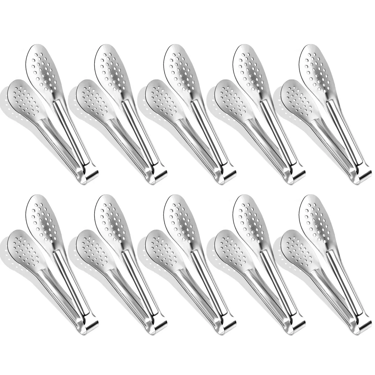 Ten stainless steel mini tongs five inches long with perforated jaws and textured handles