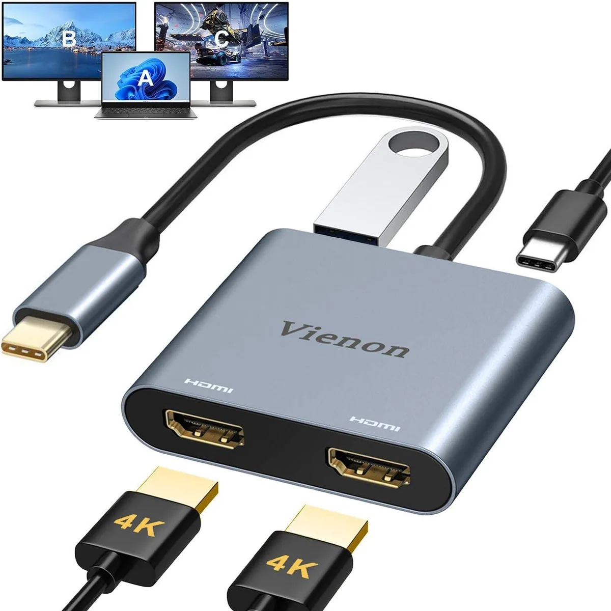 KEHIPI KEHIPI USB C to Dual HDMI Adapter 4K@60Hz Silver Grey — product photo