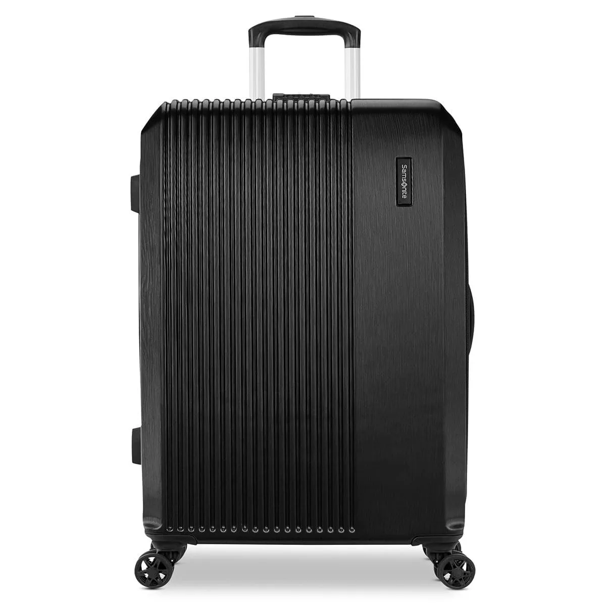 Samsonite Alliance SE large spinner suitcase in Bass Black with dual wheels and textured hard shell