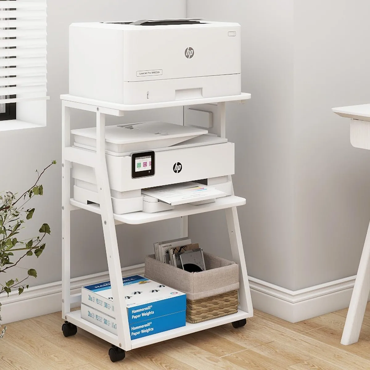 White three-tier rolling printer table with metal frame and built-in charging station, 19.7 by 15.7 inches