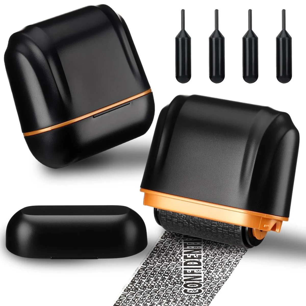  Nezyo AZ3054 shell-style identity theft protection roller stamp, rectangular, black, 2-pack with 4 refill inks — product photo
