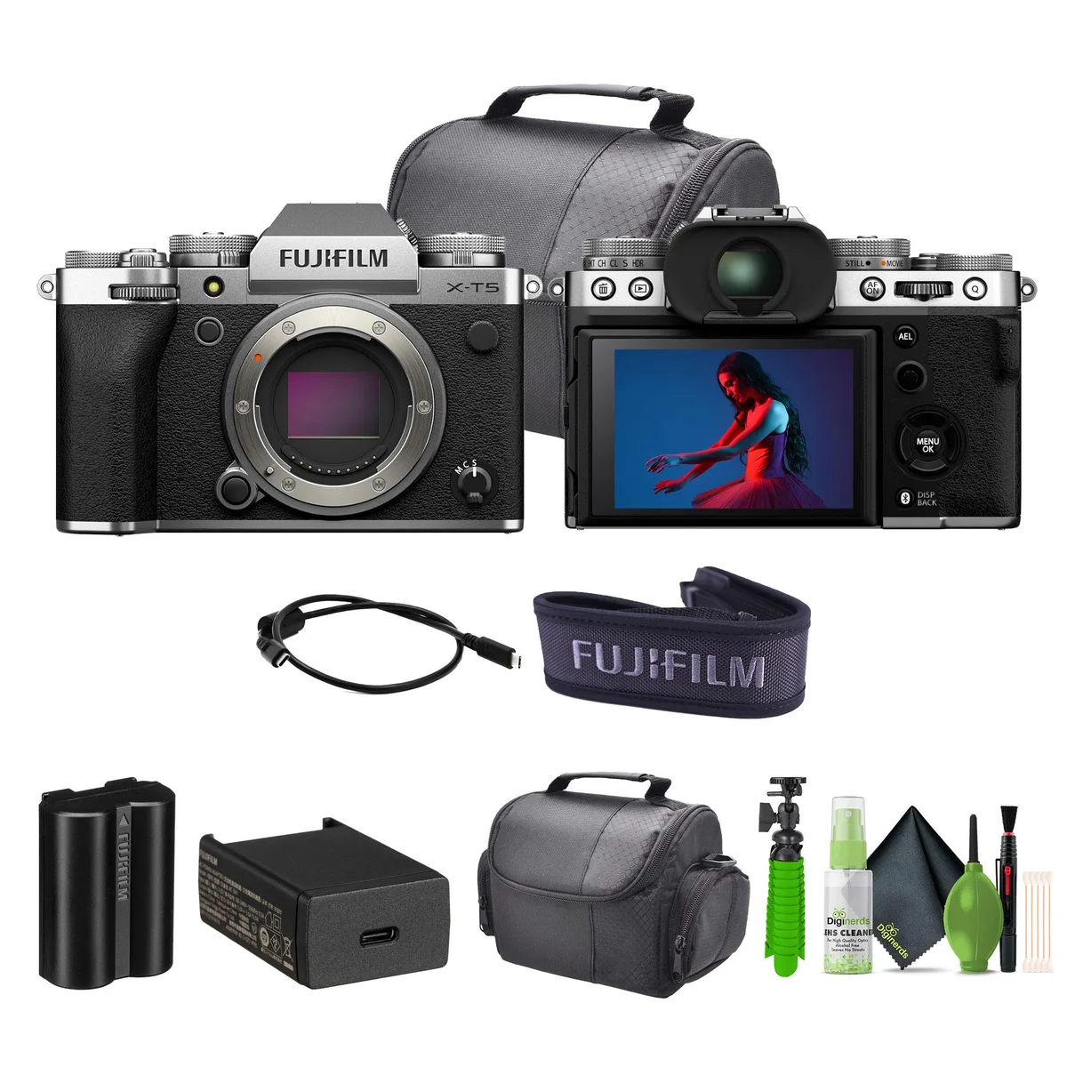 Silver mirrorless camera body with viewfinder, 12 inch flexible tripod, cleaning kit and travel bag