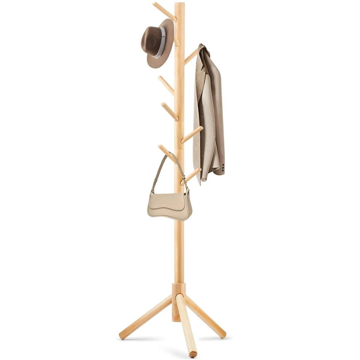 Tall freestanding wooden coat rack, natural finish, three-prong base, eight hooks, 69.9 inches high