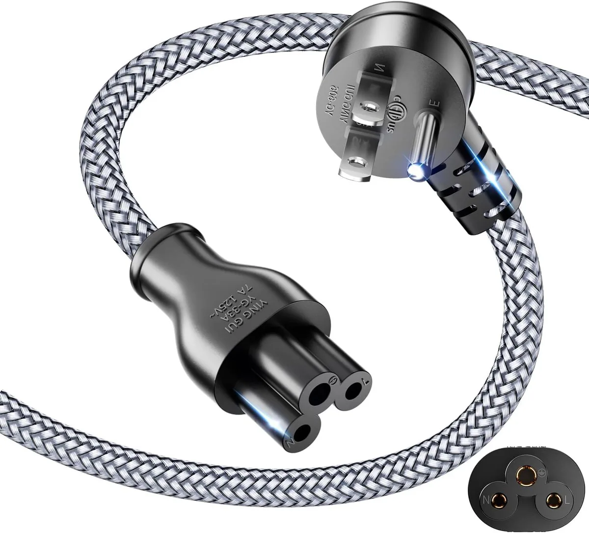 FLEANE FLEANE AC power cord for laptop 90° angled 10ft 18 AWG 125V 7A NEMA 5-15P to C5 — product photo