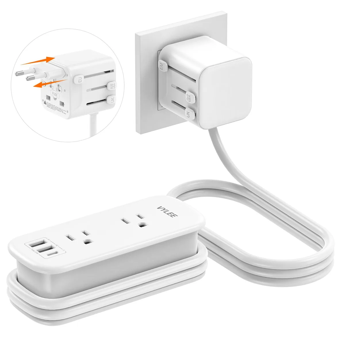 White rectangular travel adapter with slide-out plugs, two AC sockets, two USB-A, one USB-C, and a six-foot extension cord
