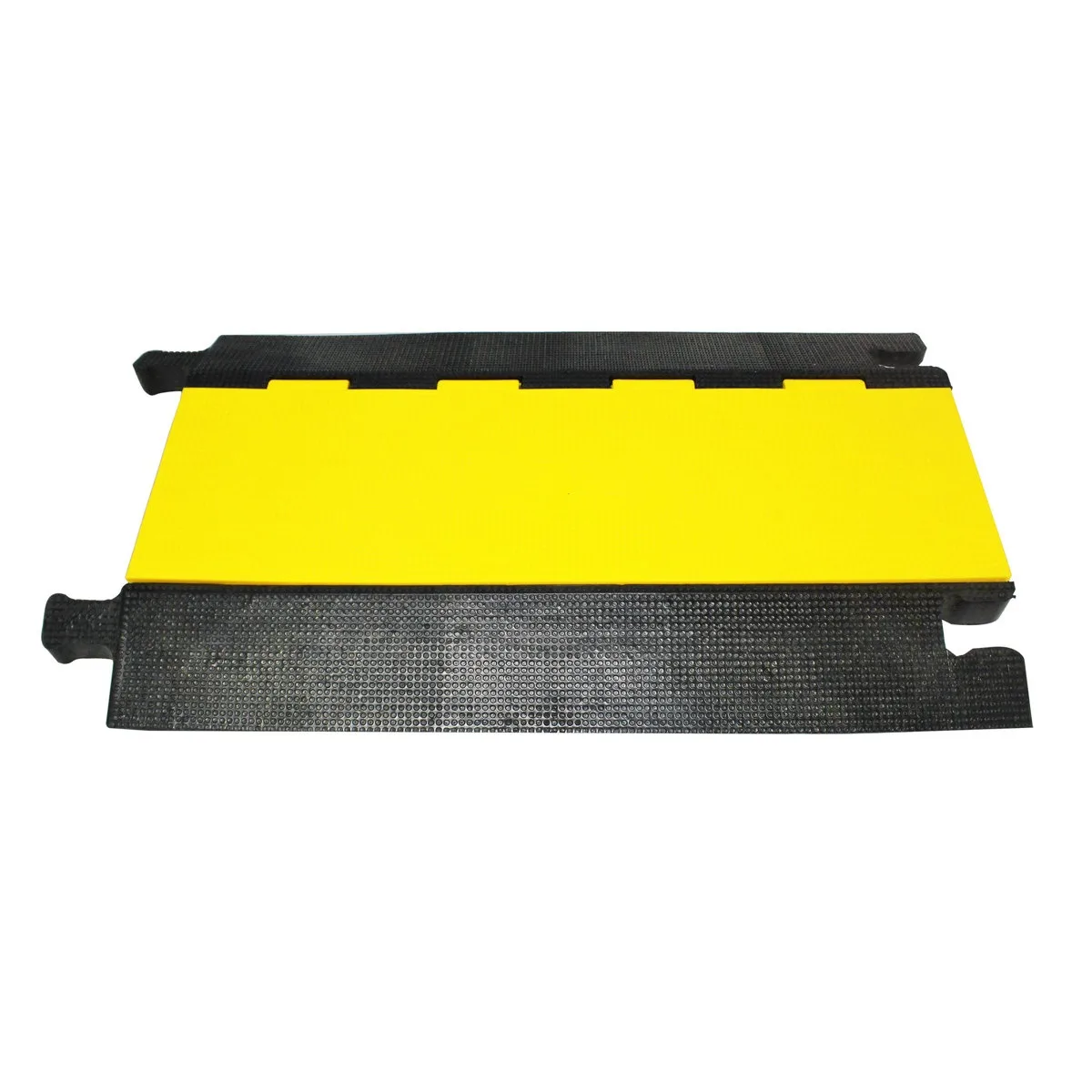 Yellow and black modular cable protector with hinged lid and skid-resistant surface