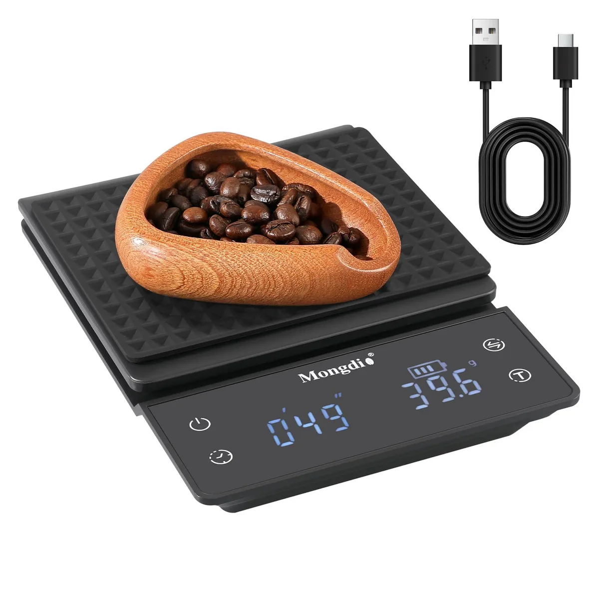 Yellow digital coffee scale with LED display, touch controls and removable silicone pad