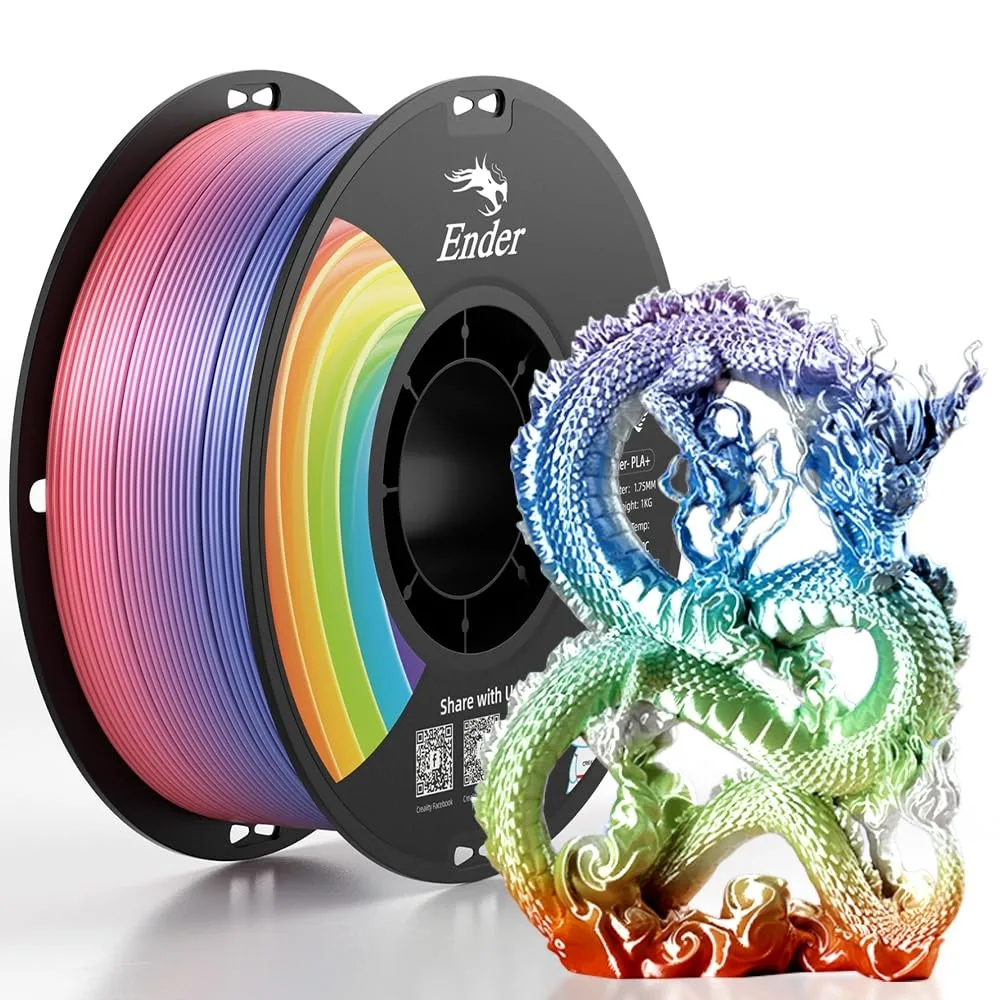 A 1 kg spool of rainbow PLA+ filament in vacuum-sealed packaging