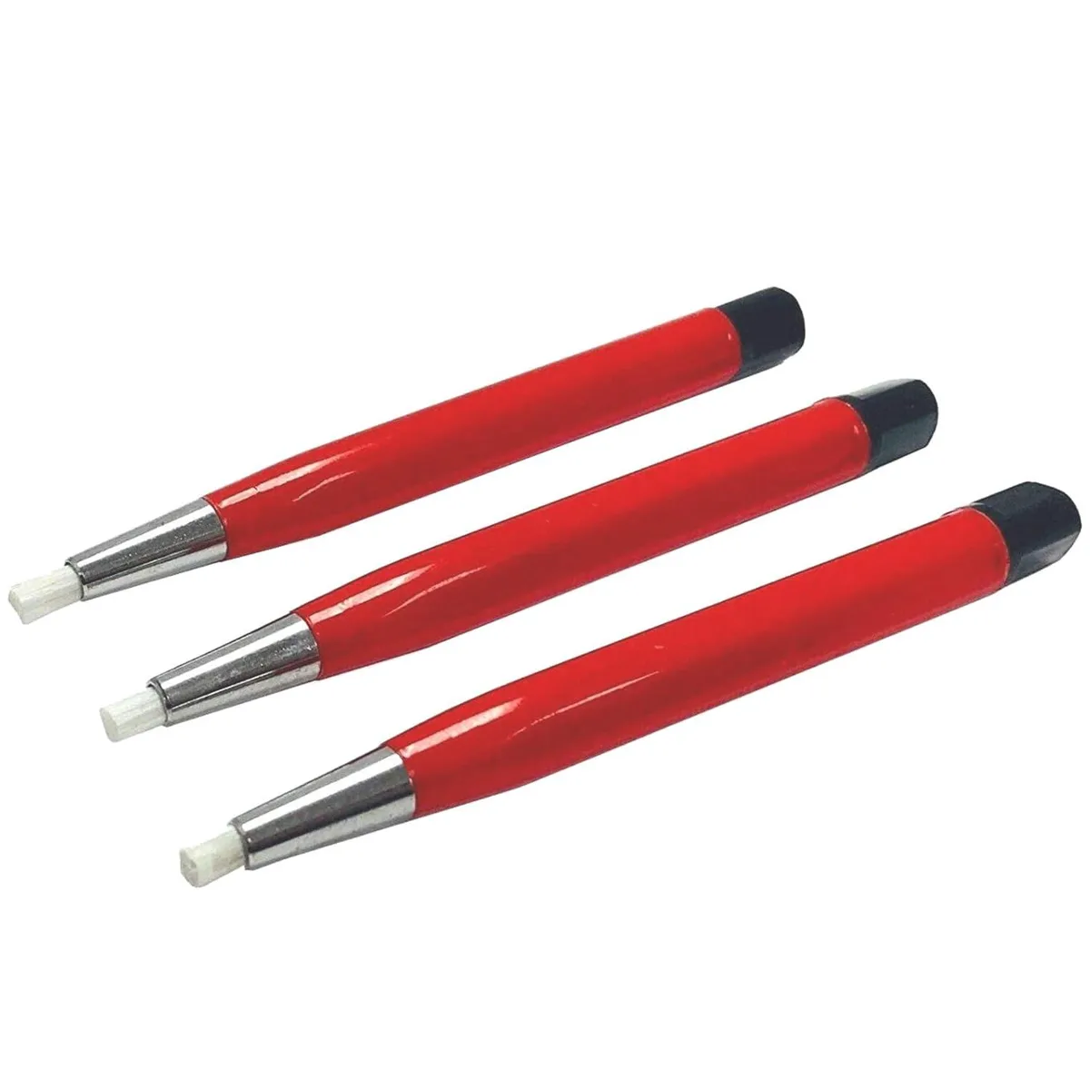 Three red pen-shaped fiberglass scratch brushes with retractable bristles and metal ferrules