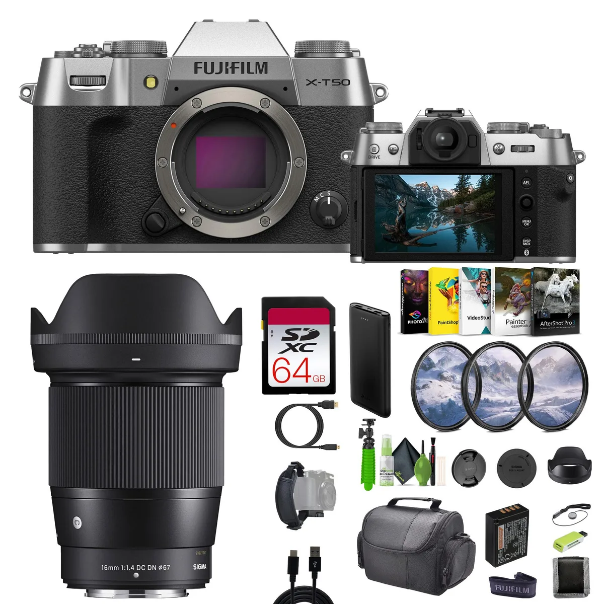 FUJIFILM FUJIFILM X-T50 Mirrorless Camera Kit Silver with Sigma 16mm f/1.4 Lens 64GB — product photo