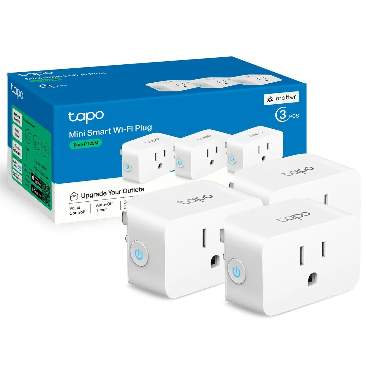  TP-Link Tapo P125M Matter Smart Plug Mini 3-Pack White 15A 1800W — product photo