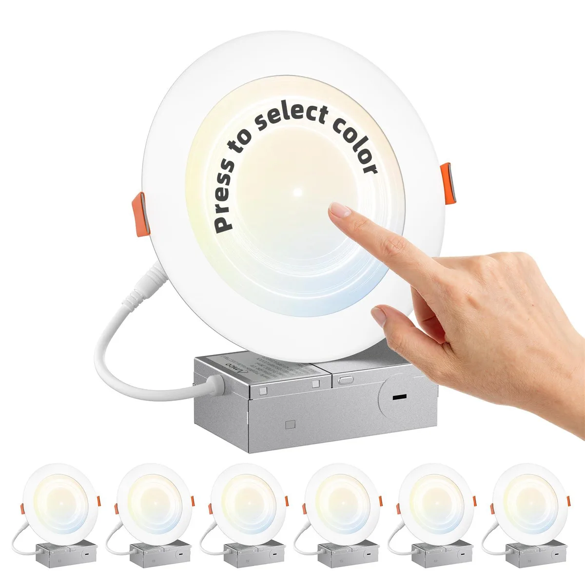 Six ultra-thin white recessed LED discs with clear prismatic centers, flush-mount design, integrated junction boxes, sold as a six-pack