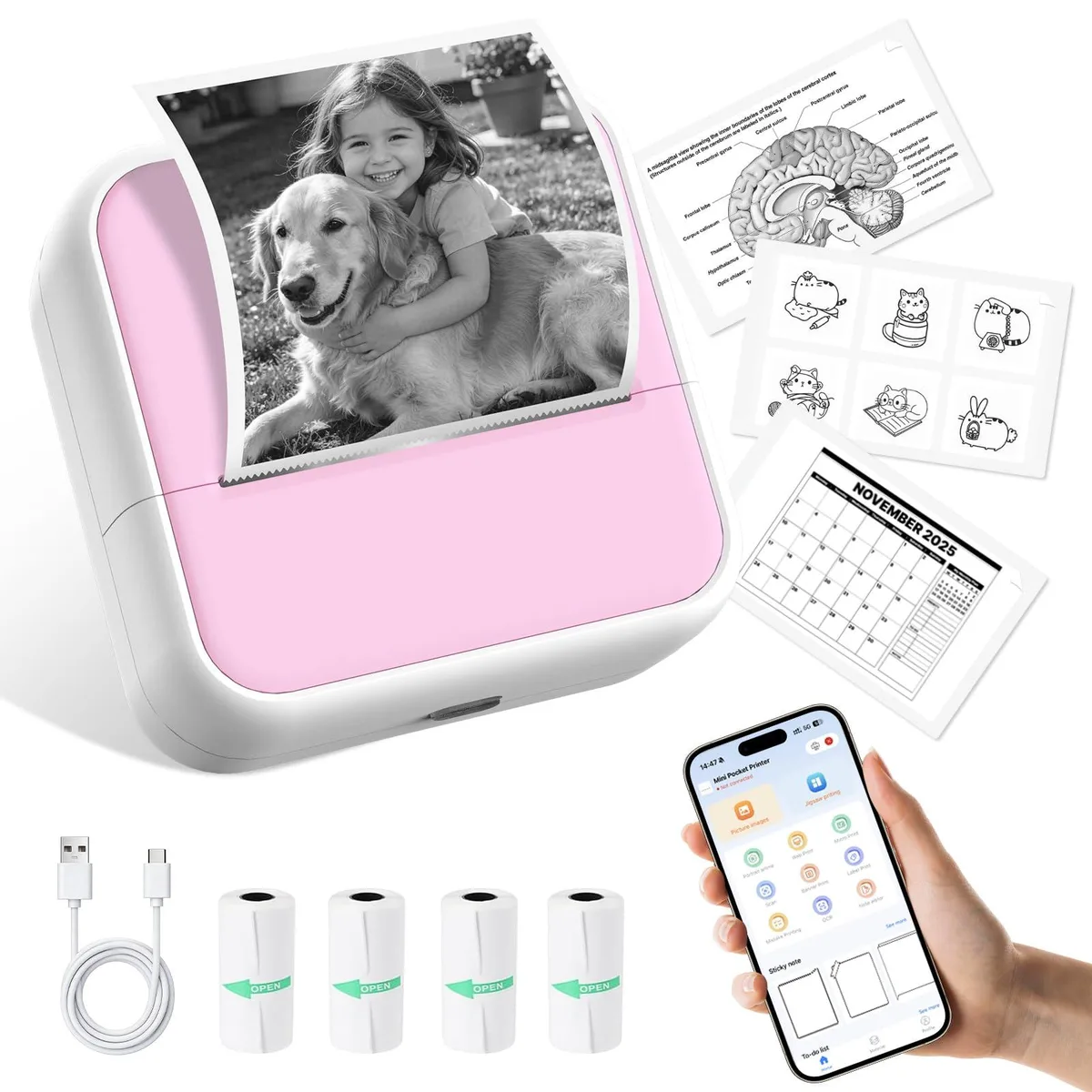 Light pink compact thermal label printer with Bluetooth, 3.3 by 3.3 by 1.7 inches