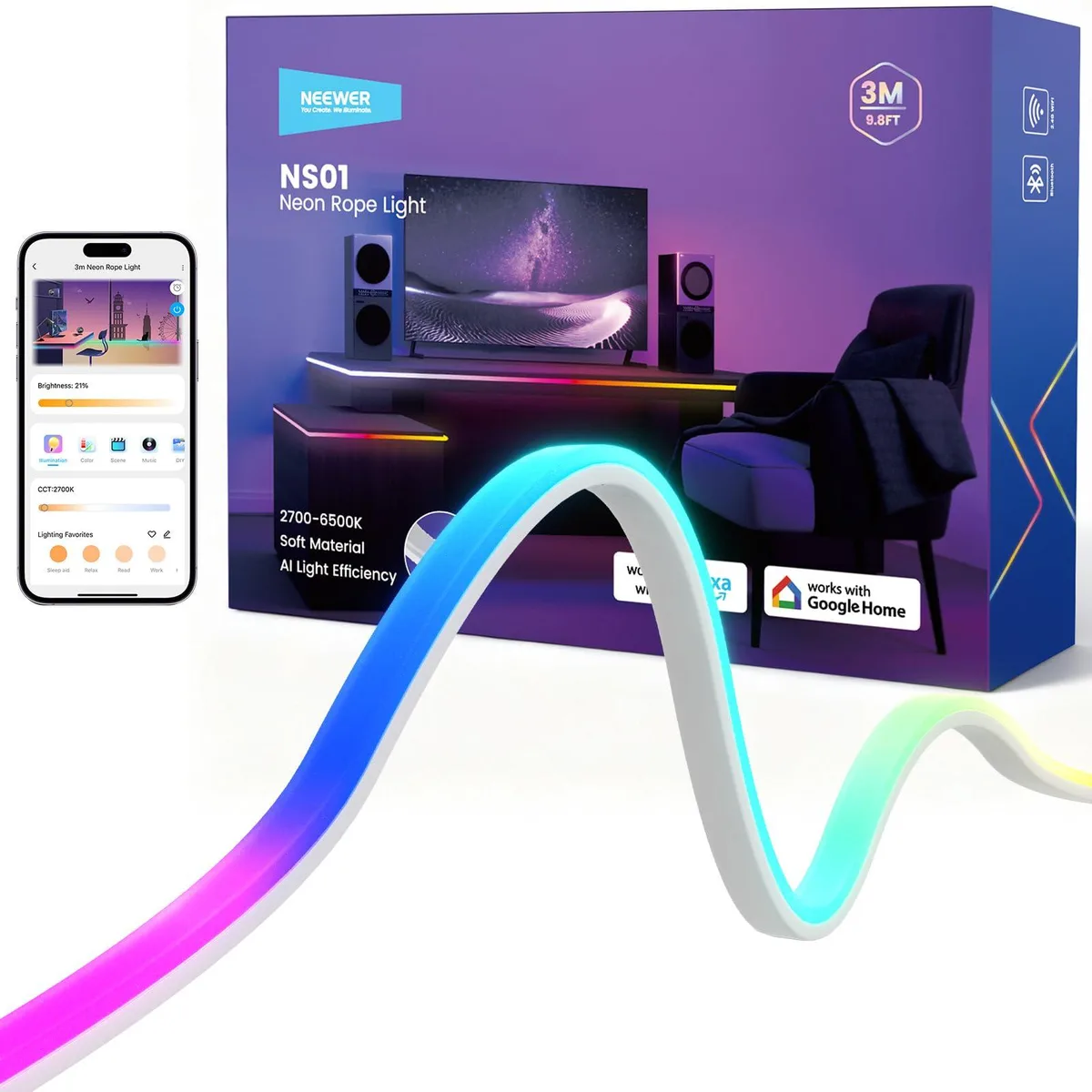 Flexible 3m silicone neon strip with adhesive backing and control box