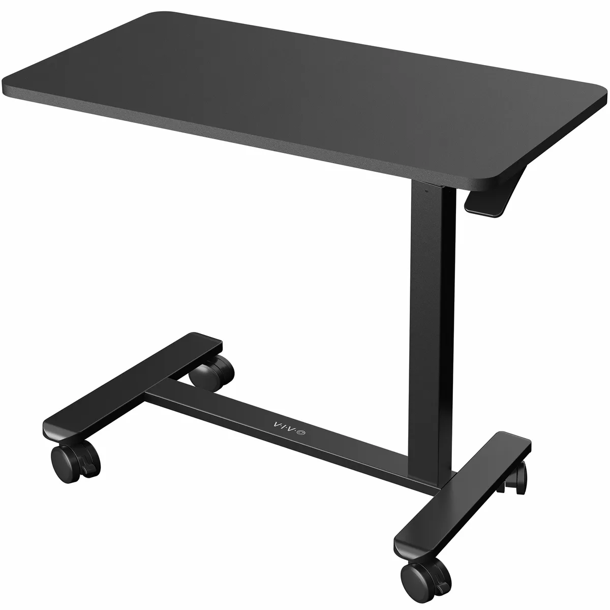 Black rectangular tabletop on steel frame with pneumatic lift column and hidden casters