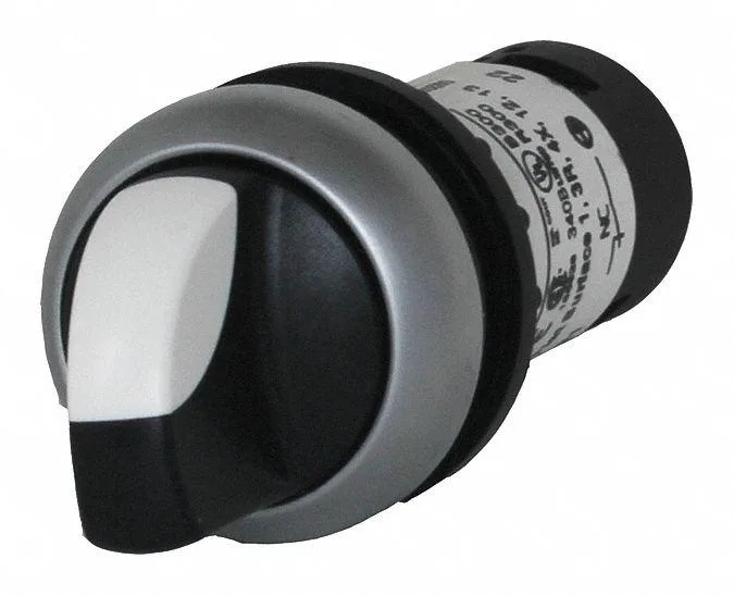 Black 22 mm selector switch with knob operator, two maintained positions, silver bezel