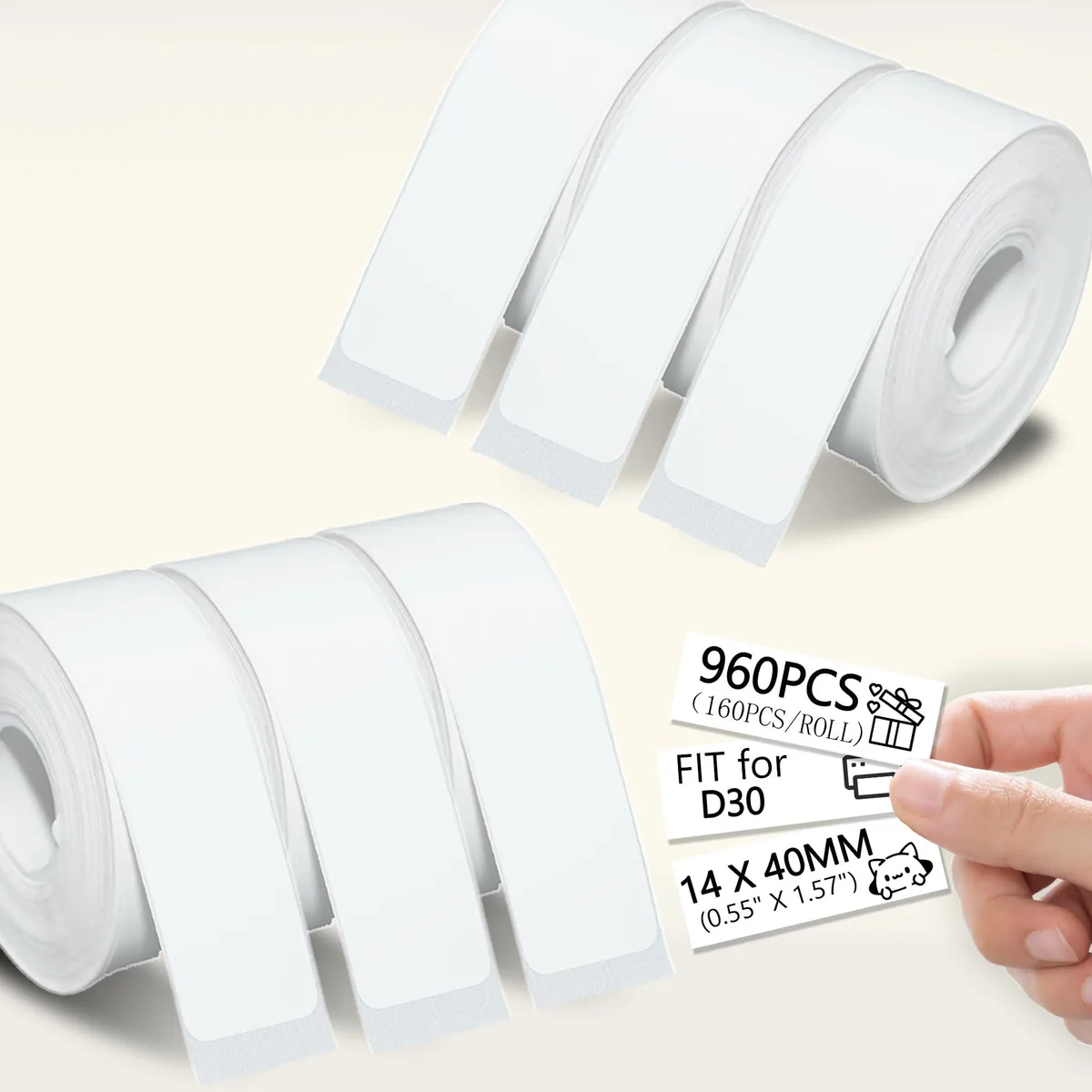 HP D30 Thermal Label Tape White 14x40mm 960 Labels 6 Rolls — product photo