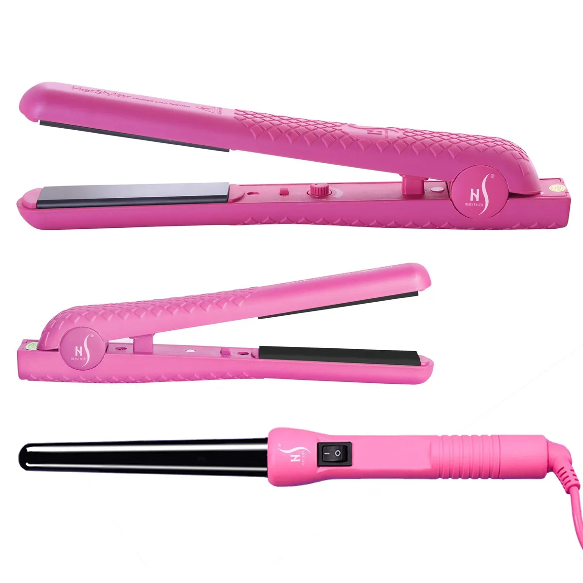 Pink mini flat iron and curler set with 360° swivel cord