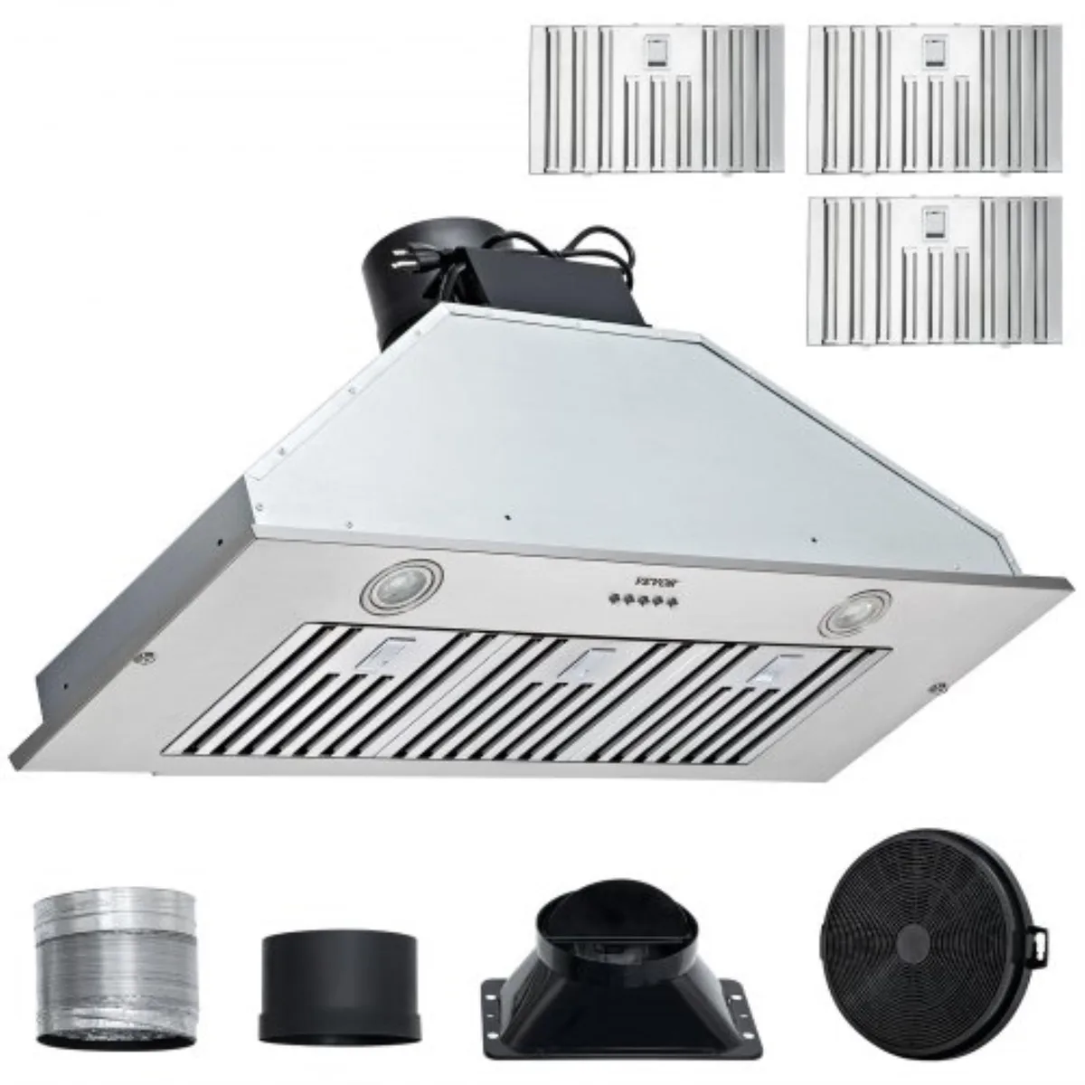 Stainless steel built-in range hood, 36 inch width, push button controls, two LED lights, baffle filters visible
