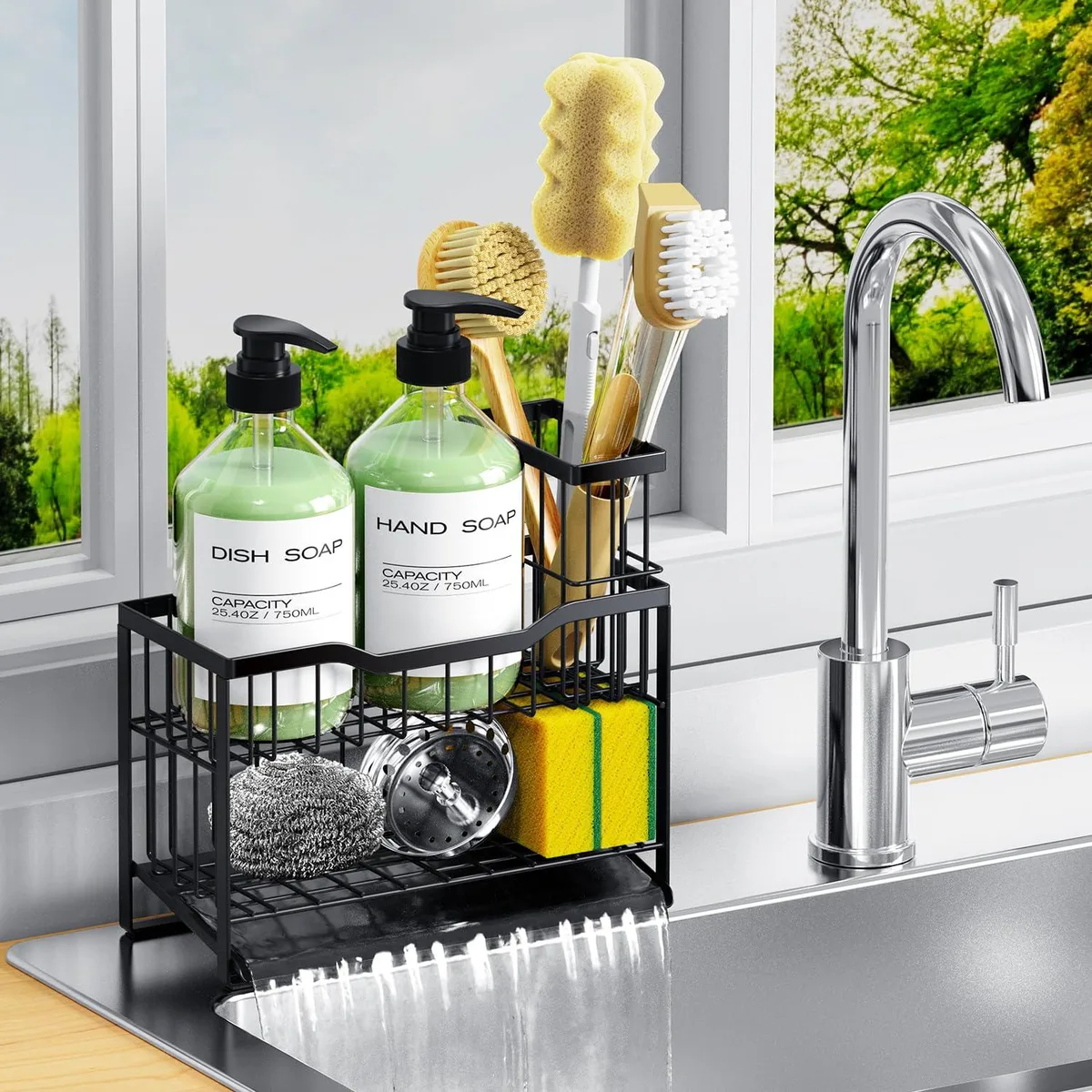 Black two-tier sink caddy with sloped drainage shelves and non-slip base, 4.37 by 9.4 by 6.3 inches