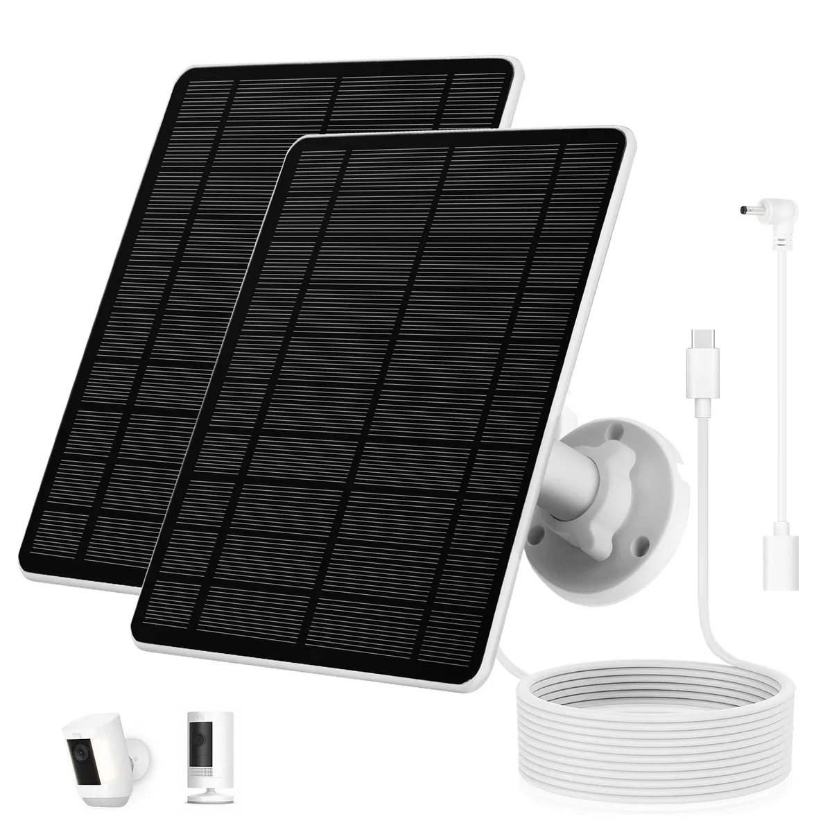 Two flat black rectangular solar panels with long cables and connectors