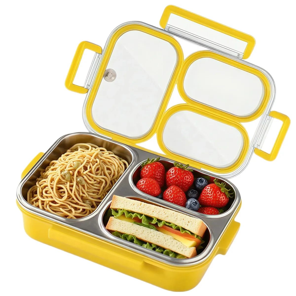 Red rectangular food container with three compartments and matching lid, smooth matte finish