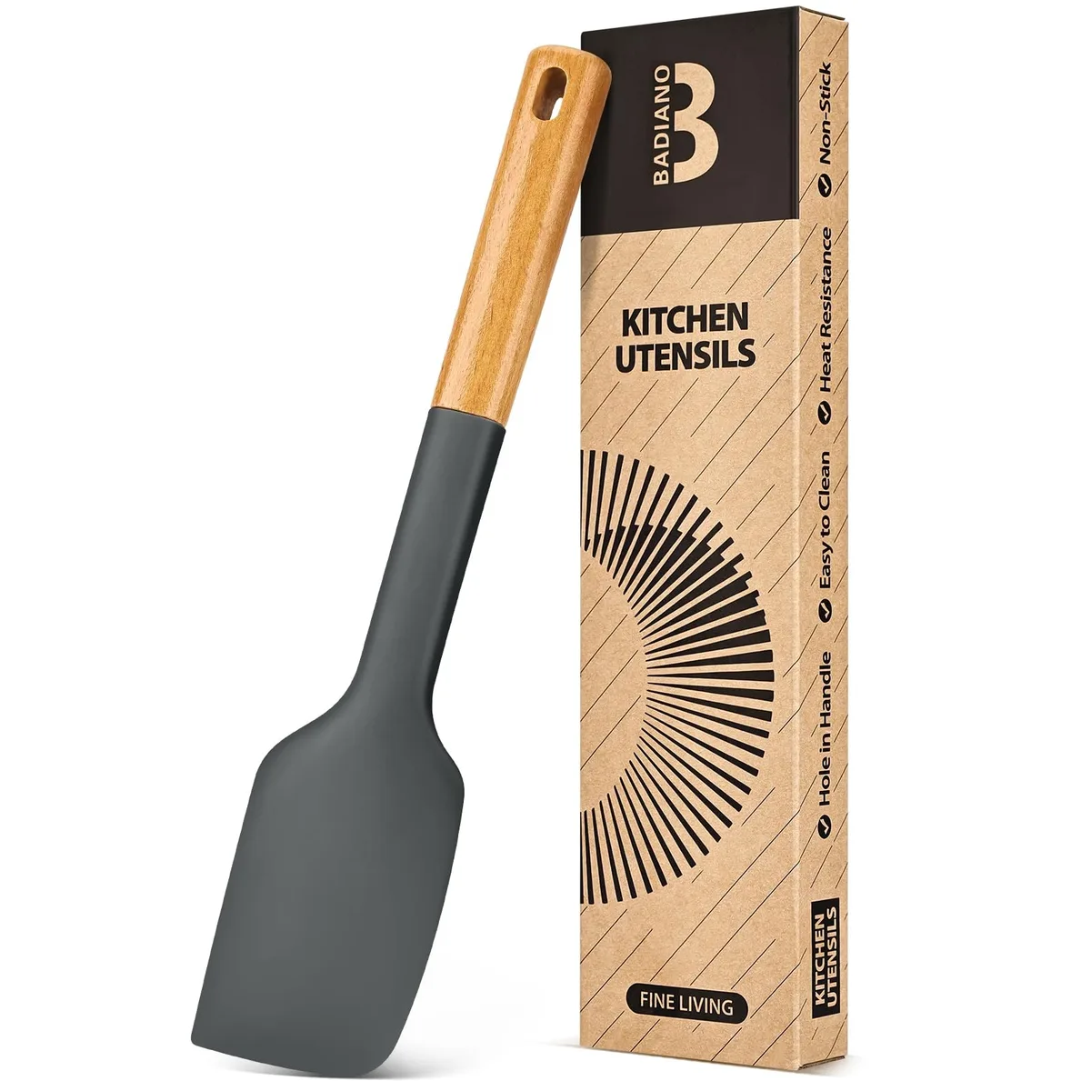 Grey silicone spatula with wooden handle and built-in rest